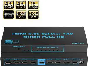 JAENFONG  1x8 8 Ports HDMI Powered Splitter V1.4 for Full HD 4K x 2K@60hz, 1080P, 3D Support 3D HDCP2.2, RGB 4:4:4, 18.5Gbps (One Input to Eight Outputs)