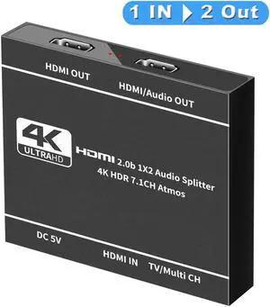 HDMI Splitter 1 in 2 Out with Audio Extractor(Support HDMI Audio Output), 4K 1x2 HDMI Splitter for Dual Monitors HD 1080P 3D Splitter, Supports HDCP2.2, Xbox PS3/4/5 Sky Box Fire Stick DVD Player