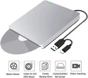 JAENFONG External Blu-Ray CD DVD Burner Player Drive with One Touch Pop up, Laptop Portable USB3.0/Type-C CD/DVD+/-RW Drive/DVD Player CD ROM Burner for Laptop Desktop PC Windows Linux OS Apple Mac
