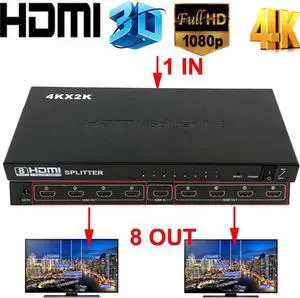 Ultra HD 4K HDMI Splitter 1 In 8 Out 8 Port Repeater Amplifier Hub 3D 1080p HDMI Splitter Compatible with Ps4 / Xbox One/Fire TV/Apple TV/Sky Box/Stb/DVD/Laptop/Blue ray, Power Supply Adapter Include