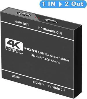 HDMI Splitter 1 in 2 Out with Audio Extractor(Support HDMI Audio Output), 4K 1x2 HDMI Splitter for Dual Monitors HD 1080P 3D Splitter, Supports HDCP2.2, Xbox PS3/4/5 Sky Box Fire Stick DVD Player