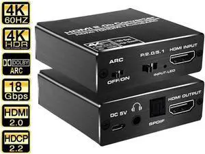 Aluminum Shell 4K@60Hz HDMI Audio Extractor,HDMI to HDMI with Audio 3.5mm SPDIF Audio Out,HDMI Audio Converter Adapter Splitter Support 4K 1080P 3D Compatable for PS3 Xbox Fire Stick.,OZV8-1
