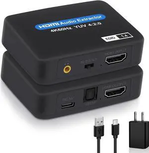 JAENFONG  4K 60Hz HDMI Audio Extractor Splitter, Optical Toslink SPDIF, 3.5mm Audio Jack, HDMI Out Support Audio Mode TV, 2.0CH and 5.1CH for PS5 Soundbar Blu-Ray