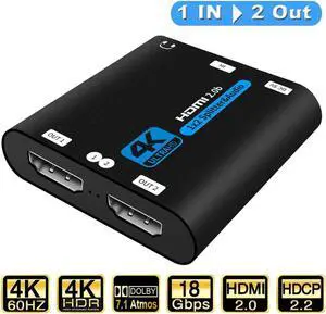 JAENFONG 4K HDMI Splitter 1 in 2 Out, HDMI Splitter Duplicate/ Mirror Screen, HDMI Splitter Support 4K@60Hz 3D for PS5, Roku, TV Box - 1 Source to 2 Displays, with 3.5mm Jack audio out