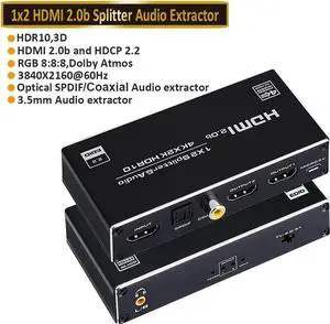JAENFONG 4K@60HZ HDMI Splitter 1 in 2 Out with Audio Extractor(3.5mm, Coaxial & SPDIF audio out), HDMI Splitter 1 to 2 Amplifier for Full HD HDMI 2.0 1080P/ 3D/ 4K for Xbox PS4 PS3 Fire Stick Roku