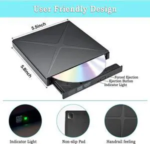 JAENFONG External CD DVD Drive USB 3.0 Type-C Portable CD/DVD ROM +/-RW Optical Drive Player Reader Writer Burner Support SD Card Reader for Laptop Desktop PC, MacBook Pro/ Air, iMac