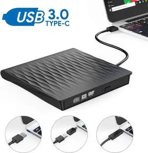 JAENFONG External CD DVD Drive USB 3.0 Type-C Portable CD/DVD ROM +/-RW Optical Drive Player Reader Writer Burner for Windows 10/8/7, Linux, Mac Laptop Desktop PC, MacBook Pro/ Air, iMac, Black