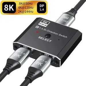 JAENFOek DP 1.4 DisplayPort 8K Converter Switcher Adapter Bidirectional Splitter DP for PC/Monitor, Bidirectional 1in 2 Out(Splitter) or 2in 1out(Switcher), Support 8k@30Hz /5K@60Hz/ 4K@120Hz (OZQD)