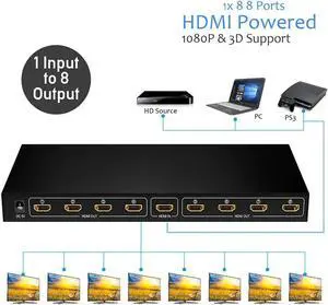 JAENFONG HDMI Splitter 1 in 8 Out 8 Port Support 3D Full Ultra HD1080P with Power Adapter HDMI Splitter Audio Video Distributor