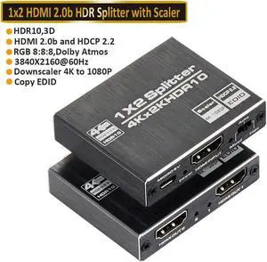 JAENFONG 4K 1 in 2 Out HDMI Splitter with EDID- Ultra HD 4K @ 30 Hz 1x2 HDMI v. 2.0 HDCP, Power HDMI Supports 3D Full HD 1080P for Xbox, PS4 PS3 Fire Stick Blu Ray Apple TV HDTV - Adapter Included