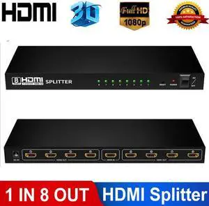 1080P 1x8 HDMI Splitter, 1 in 8 Out HDMI Splitter Audio Video Distributor Box Support Full HD 3D & 1080P Compatible for PS 3/4, Xbox,HDTVs, projectors, PC monitors,Blu-ray DVD player- Adapter Included