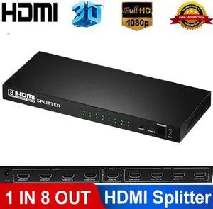 JAENFONG 1080P&3D 1x8 HDMI Splitter JAENFONG  One in Eight Out Powered 8way HDMI Splitter Audio Video Distributor Amplifier with Charger, Support Full HD 1080P & 3D
