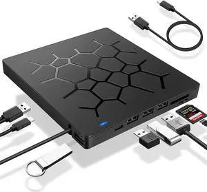 Multifunct Portable USB 3.0 Slim 8X DVD/ Burner +/- Rewriter External Drive with Type-c, Touch Sensitive Button with 4 USB Ports and 2 SD Card Slots Compatible with both Mac & Windows, (7IN1DVD)