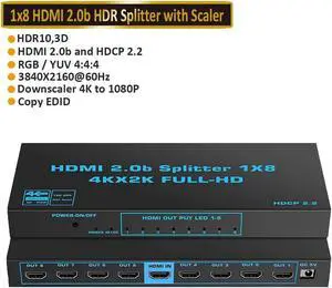 JAENFONG 4K HDMI Splitter 1 in 8 Out, JAENFONG 8 Way HDMI Splitter 1x8 4Kx2K@60Hz W/AC Adapter, Mirror Duplicate Support 3D HDCP2.2, RGB 4:4:4, 18.5Gbps for PS4 Fire Stick HDTV