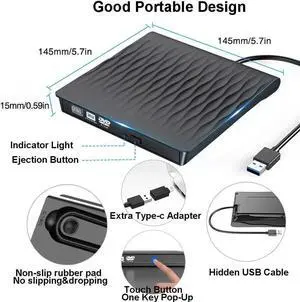 JAENFONG CD DVD Drive USB 3.0 and Type-C Portable CD/DVD Player for Laptop CD Drive Reader Writer Burner Compatible with Laptop Desktop PC Windows Linux Apple Mac Black, (SLS01) Black