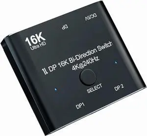 JAENFONG  DP 2.0 DisplayPort 16K Converter Switcher Adapter Bi-directional Splitter DP for PC/Monitor, Bidirectional 1in 2 Out(Splitter) or 2in 1out(Switcher), Support 16K@60Hz /8K@60Hz/ 4K@240Hz