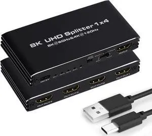 JAENFONG  8K@60H HDMI Splitter 1x4 , 1 in 4 Out HDMI Splitter Audio Video Distributor 3D & 8K 4K 120Hz EDID Box Support 48Gbps, HDCP 2.3, RGB 4:4:4 for HDTV, STB, DVD, PS4, Projector Etc