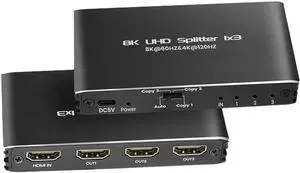JAENFONG  4K 120Hz HDMI Splitter 1 in 3 Out, 1x3 Power HDMI Splitter 3 Ports w/AC Adapter, 8K@60Hz 3D Full HD Distributor Support 48Gbps, HDCP 2.3, RGB 4:4:4 for HDTV, STB, DVD, PS3, Projector Etc