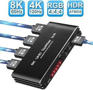 JAENFONG 4K 120Hz HDMI Splitter 1 in 4 Out, 1x4 Power HDMI Splitter 4 Ports w/AC Adapter, 8K@60Hz 3D Full HD Distributor Support 48Gbps, HDCP 2.3, RGB 4:4:4 for HDTV, STB, DVD, PS5, Projector Etc