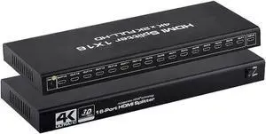 HDMI Splitter 1 in 16 Out, 4K HDMI Splitter V1.4b Powered Audio Video Distributor Duplicate/Mirror Screen, 1x16 HDMI Splitter for TV Support 4Kx2k 30Hz 3D for Xbox, PS5, Roku Blu-Ray Player, HDTV