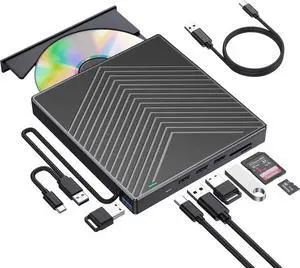 JAENFONG External CD/DVD Drive 8 in 1,USB 3.0, USB 2.0,SD/TF Reader Port, Ultra Slim,Portable Optical Disk Drive Player Burner Reader Writer for PC Laptop Macbook Desktop PC Win 11/10/8 Linux Mac