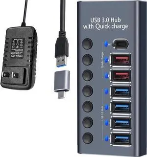 JAENFONG Powered USB Hub 3.0, Aluminum 7 Port USB 3.0 Data Hub Splitter with Smart Charging Ports and Individual On/Off Switches for Mouse, Keyboard, Hard Drive or More USB Devices