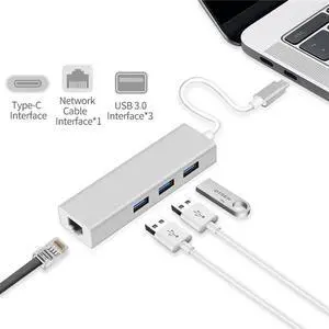 Ethernet Adapter USB C to USB 3.0 Hub, Thunderbolt 3 Hub to RJ45 Gigabit Ethernet Port, LAN Wired Network Adapter Converter for Mac, MacBook Pro Air, ChromeBook, Dell and Other Type C Laptops - Silver