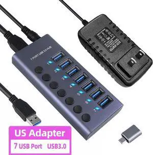 JAENFONG Powered USB Hub,7 Ports USB 3.0 Data Hub Aluminum, Individual On/Off Switches, 12V3A 36W Power Adapter, USB Hub 3.0 Splitter Extension for MacBook, Mac Pro/Mini, iMac, Laptop/PC
