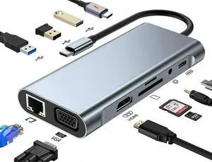 JAENFONG USB C Docking Station Hub 11 in 1, USB C Splitter Adapter with 4K HDMI, VGA, Gigabit, USB C, 3*USB 3.0 Ports, 100W USB-C PD, 3.5mm Aux Ports Adapter for Laptop and PC Computer