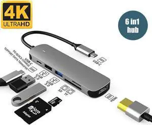 JAENFONG USB C Hub 6 in 1 Type-C Hub, USB C Multi-Port Adapter, with HDMI/USB2.0/USB3.0/TF/SD Interface/PD Charging Port, USB C Hub Suitable for MacBook Pro, iPad Pro, and More Type C Devices