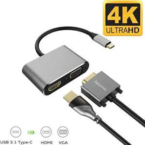 JAENFONG USB C to HDMI VGA Adapter, 4-in-1 Type-c Hub with 4KX2K HDMI, 1080P VGA, 2 Screens Different Display Compatible for MacBook Pro/iPad Pro 2018/ Samsung Galaxy/Dell XPS