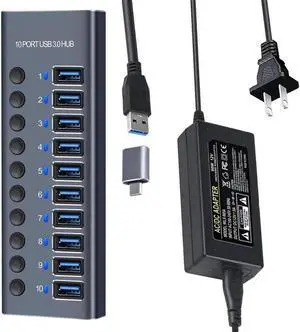 JAENFONG Powered USB 3.0 Hub10 Ports 60W Powered USB Hub Aluminum USB Splitter with Individual On/Off Switches and 12V/5A Power Adapter for PC, Laptops, MacBook Pro/Air, iMac JAENFONG Powered USB 3.0 Hub10 Ports 60W Powered USB Hub Aluminum USB Splitter with Individual On/Off Switches and 12V/5A Power Adapter for PC, Laptops, MacBook Pro/Air, iMac