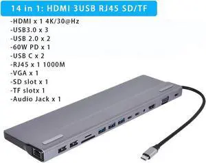 JAENFONG USB C Hub Adapter, 14-in-1 USB C Hub, with 4K USB C to HDMI, 87W Power Delivery, 3 USB 3.0 Ports,2 USB 3.0 Ports,2 USB-C Ports, SD and microSD Card Readers,3.5mm Audio for MacBook Pro