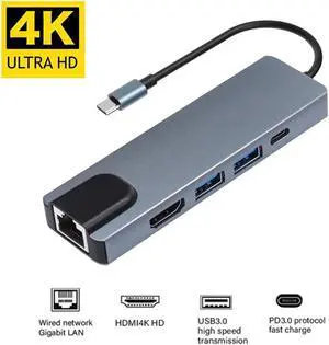 JAENFONG USB C Hub with HDMI, 5 in 1 Type C Adapter with 2 USB 3.0 Ports, Gigabit Ethernet, 4K HDMI, Type- C 100W PD, Aluminum USB C Adapter Compatible MacBook Pro, Surface Go and Other Type-C Devices