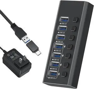 JAENFONG Powered USB Hub, 7-Port USB 3.0 Hub with 24W Power Adapter, Aluminum USB Splitter Including 7 Port 5Gbps USB-A 3.0 Ports for PC, Laptop and More