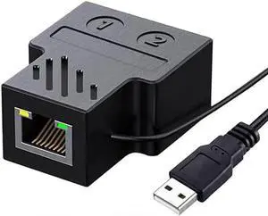 RJ45 Splitter Connector with USB Power Cable, Dual LAN Ethernet Socket USB 1 to 2 Female Network Adapter Compatible with Cat5, Cat5e, Cat6, Cat7