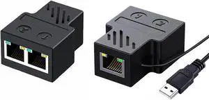 RJ45 Splitter Connectors Adapter with USB Power Cable, 1 to 2 Ethernet Splitter Coupler Double Socket HUB Interface Contact Modular Plug Connect Network LAN Internet Cat5, Cat5e, Cat6, Cat7