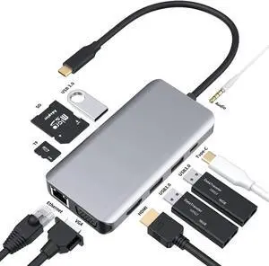 USB C Hub, USB C Adapter, 10 in 1 Type c Hub with 1000M RJ45 Ethernet, 4K HDMI, VGA, 3USB 3.0 Ports, PD 3.0 Charging Port, TF/SD Card Readers, Audio Mic Port for MacBook, Chromebook and More