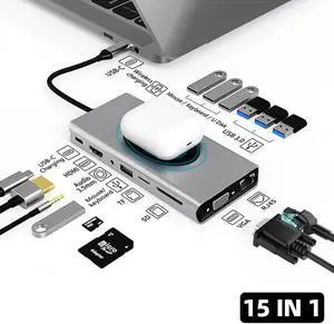 USB C Docking Station Dual Display 15 in 1 Dual Monitor USB C Hub Multiport Adapter with HDMI VGA Ethernet,3.5mm Audio, Gigablit Dongle Laptop Hub 87W PD,Wireless Charging USB C Dock for MacBook/Dell