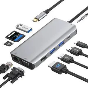 USB C Hub Multiport Adapter, 10 in 1 Laptop Docking Station Dual Monitors Dongle Dock with 4K HDMI, VGA, Ethernet, 3 USB 3.0, PD 3.0, SD/TF, Mic/Audio for MacBook Pro/Air, Dell, Surface Go, HP