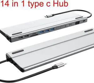 USB C Docking Station, 14 in 1 Dual Display USB C Hub Multiport Adapter with HDMI, VGA, 87W PD, 3X 5Gbps USB 3.0, 2X USB 2.0, 2X USB-C, Gigablit, SD/TF Card Slot, Audio for MacBook, Surface, Windows