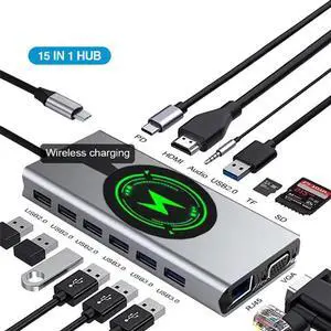 USB C Docking Station, 15 in 1 Dual Display USB C Hub Multiport Adapter with HDMI, VGA, 87W PD, 3X 5Gbps USB 3.0, 4X USB 2.0, Wireless Charging, Gigablit, SD/TF Card Slot, Audio for MacBook, Surface