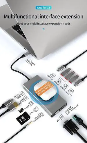 USB C Docking Station, 13 IN 1 Dual Display USB C Hub Multiport Adapter with HDMI, VGA, 100W PD, USB3.0,USB-C Data Port, Wireless Charging, Ethernet, SD/TF Card Slot, Audio for MacBook, Surface