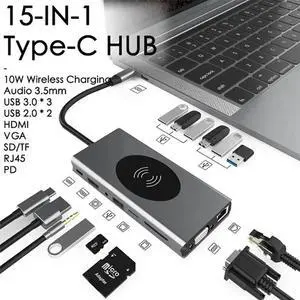 15 in 1 Aluminum USB C Hub for MacBook, Docking Station USB C Adapter with 87W Power Delivery, 4K HDMI,VGA, USB C and 7 USB A Data Ports, SD and TF Card Reader,3.5mm Audio, Gigablit,Wireless Charging
