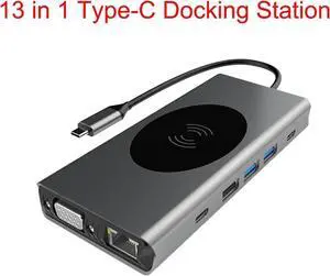 13 IN 1 USB C Adapter, USB C Docking Station with 4K to HDMI, 100W PD Charging Port,USB-C Data Port, USB3.0,Wireless Charging, SD/TF Card Reader,3.5mm Audio, Ethernet for MacBook Pro, iPad Pro, XPS