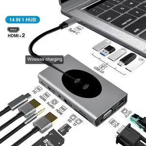 14 in 1 USB C Hub for MacBook, Docking Station USB C Adapter with 100W Power Delivery, 4K Dual HDMI,VGA, USB C and 5x USB3.0 Data Ports, SD and TF Card Reader,3.5mm Audio, Gigablit,Wireless Charging