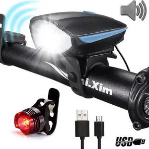 USB Rechargeable Bike Lights Front and Back - Waterproof and Easy Installation - Super Bright Bike Headlight, Free Tail Light and Horn Included - Blue