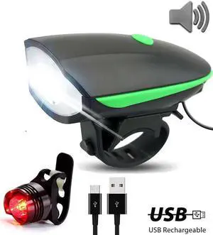 USB Rechargeable Bike Lights Front and Back - Waterproof and Easy Installation - Super Bright Bike Headlight, Free Tail Light and Horn Included - Green USB Rechargeable Bike Lights Front and Back - Waterproof and Easy Installation - Super Bright Bike Headlight, Free Tail Light and Horn Included - Green