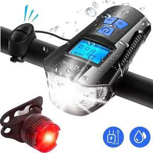 Bike Light Set, USB Rechargeable Bicycle Headlight & Taillight with LCD Speedometer Odometer, Waterproof 4 Modes LED Front Cycling Light, Super Bright Flashlight Torch for Road Mountain Cycling