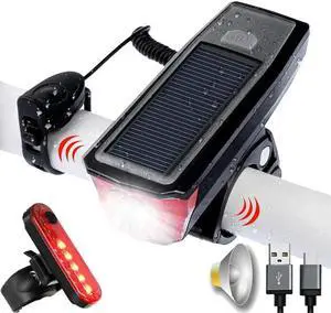 Ultra Bright Solar USB Rechargeable Bike Light  Headlight & Tail Light Set- Fits All Bicycles, Hybrid, Road, MTB, with Quick Release